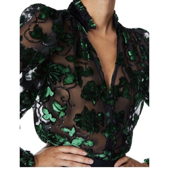 Alice + Olivia Zina Burnout Velvet Sheer Blouse In Black/Emerald Women's Large - Picture 3 of 14